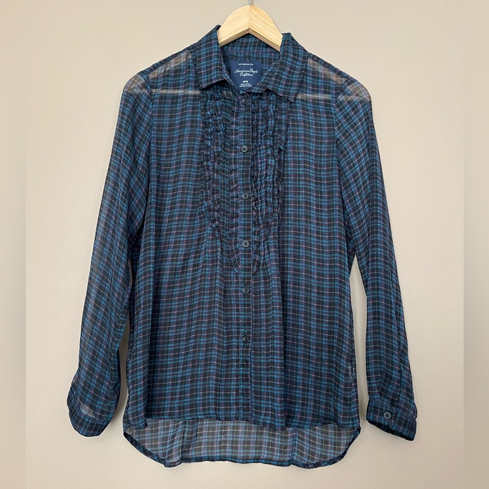 {American Eagle} Plaid Semi-Sheer Button Down Shirt with Ruffle Trim - Medium - Picture 1 of 9
